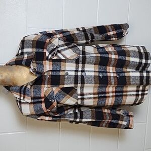 Plaid Thick Yarn Dyed Flannel Chore Coat Barn Jacket Navy Orange Tan Cream
